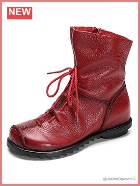 Genuine Leather Ankle Boots Round Toe Zip Up Casual Soft Flat Boots